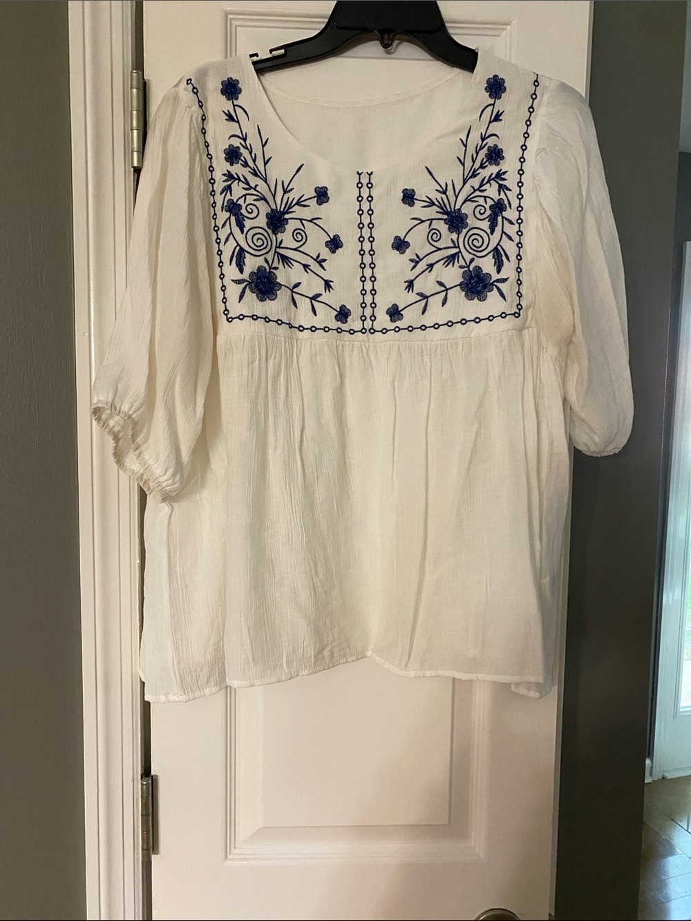 SHEIN White Peasant Top with Blue Floral Embroidery